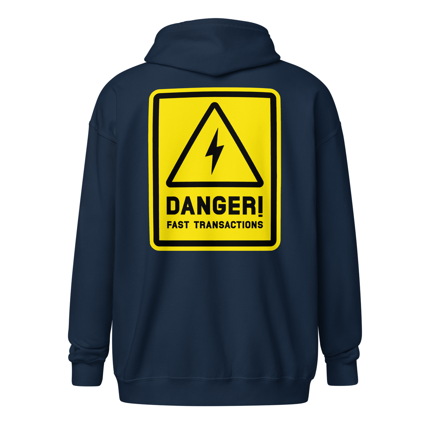 Danger! Fast Transactions heavy blend lightning zip hoodie in Navy, back view.