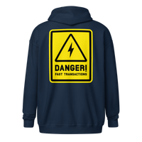Danger! Fast Transactions heavy blend lightning zip hoodie in Navy, back view.