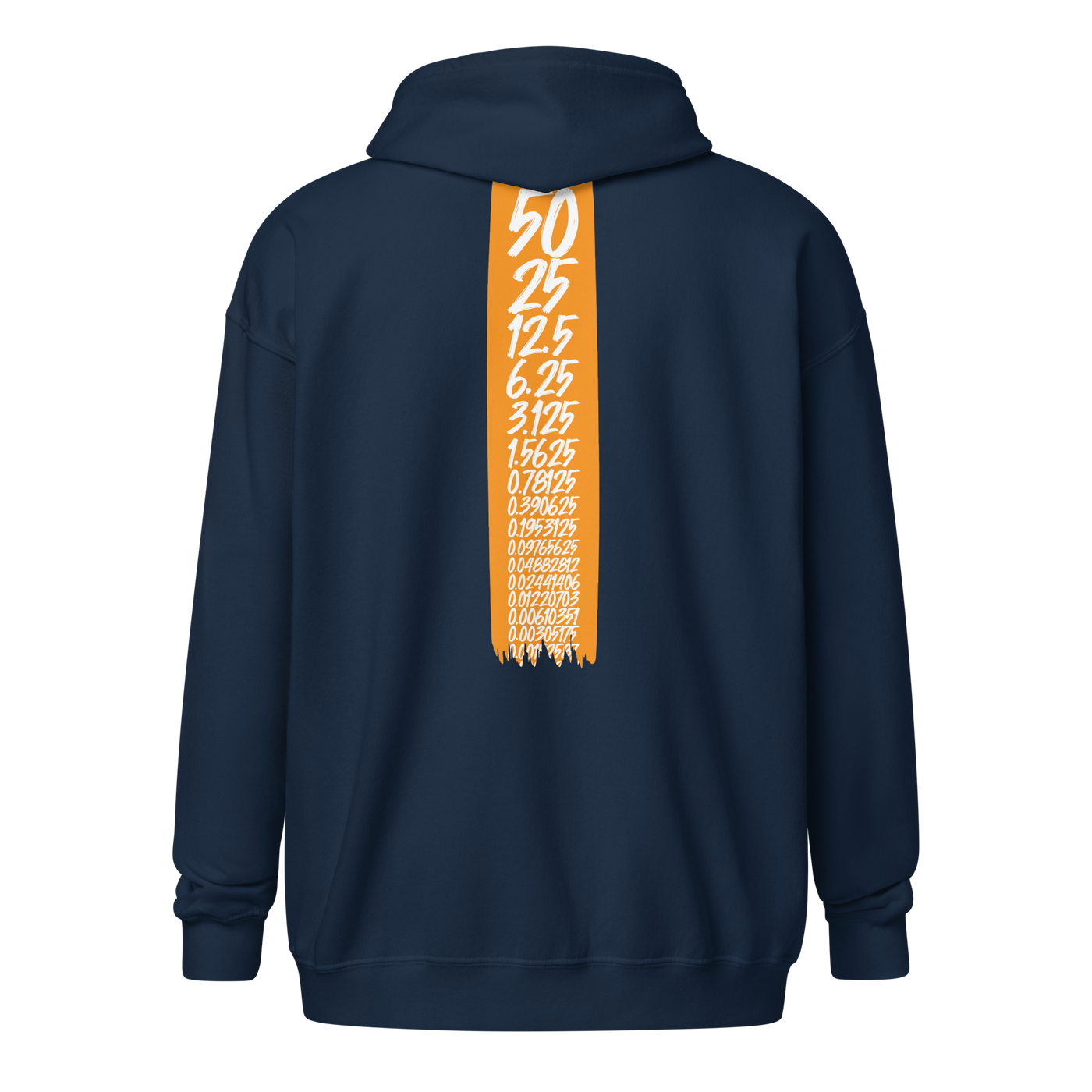 Halving heavy blend bitcoin zip hoodie in Navy, back view.
