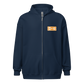 Front view of a navy colored bitcoin zip hoodie.