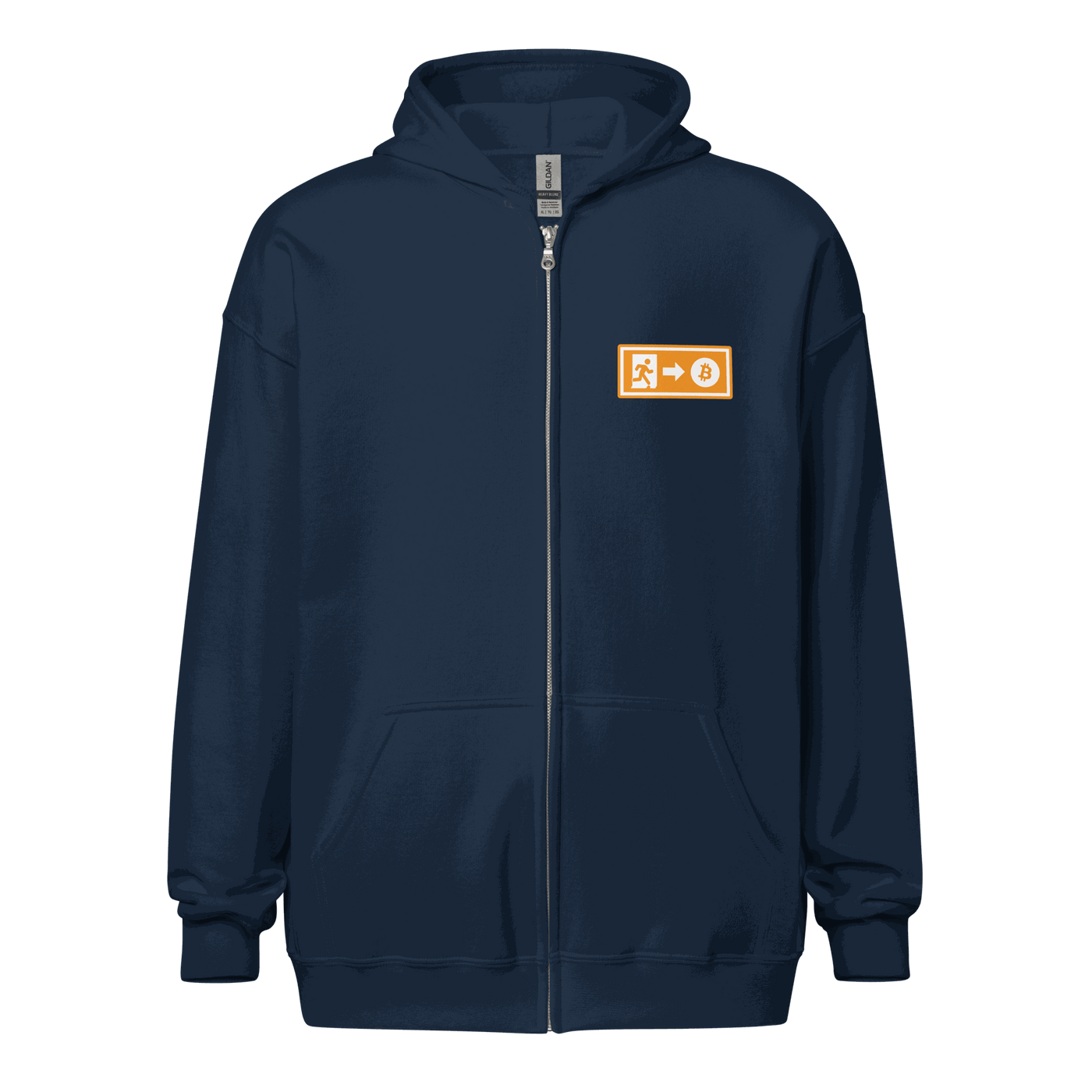 Emergency Exit heavy blend Bitcoin zip hoodie promoting a fairer future with cryptocurrency
