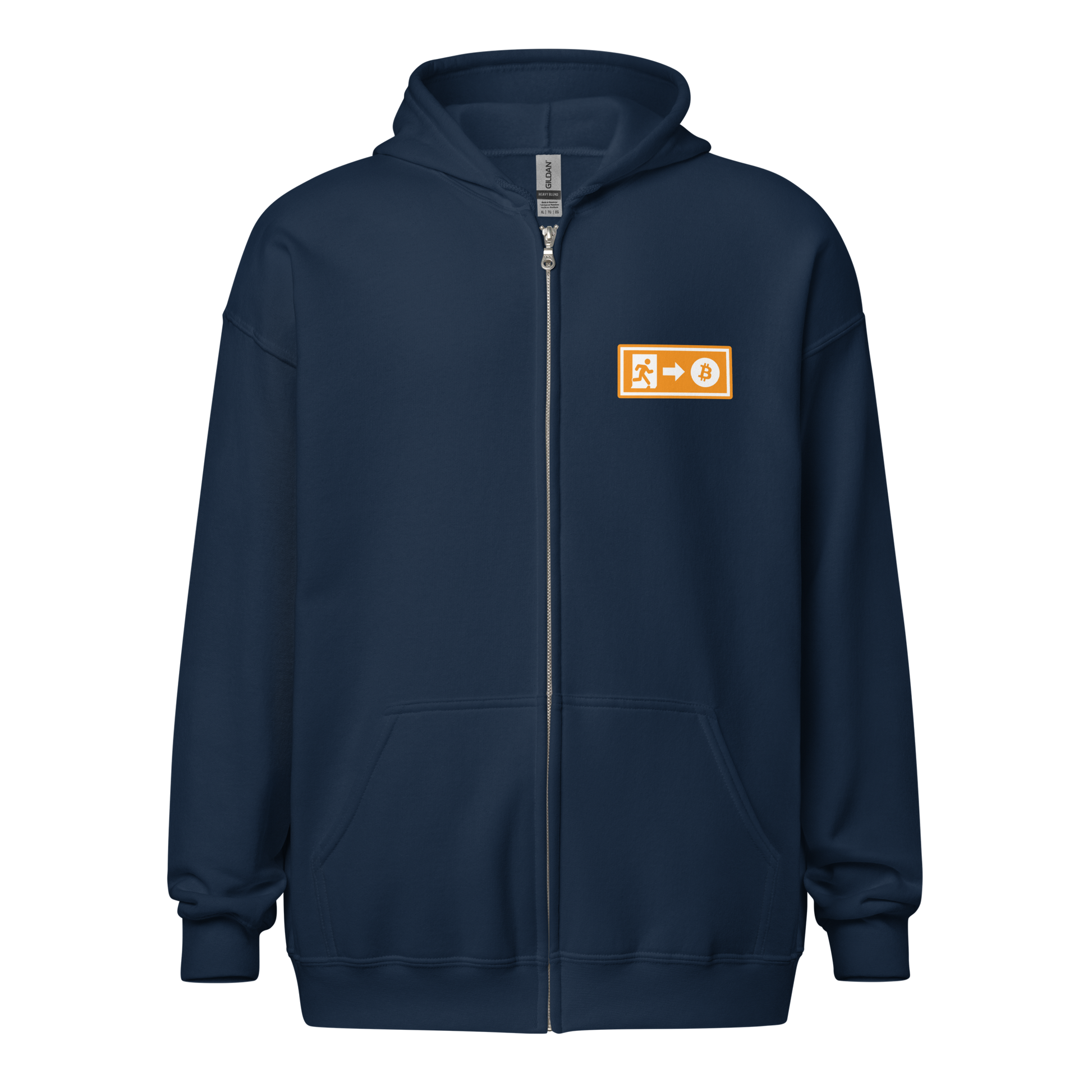 Front view of a navy colored bitcoin zip hoodie.