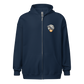 Front view of a navy colored bitcoin zip hoodie.