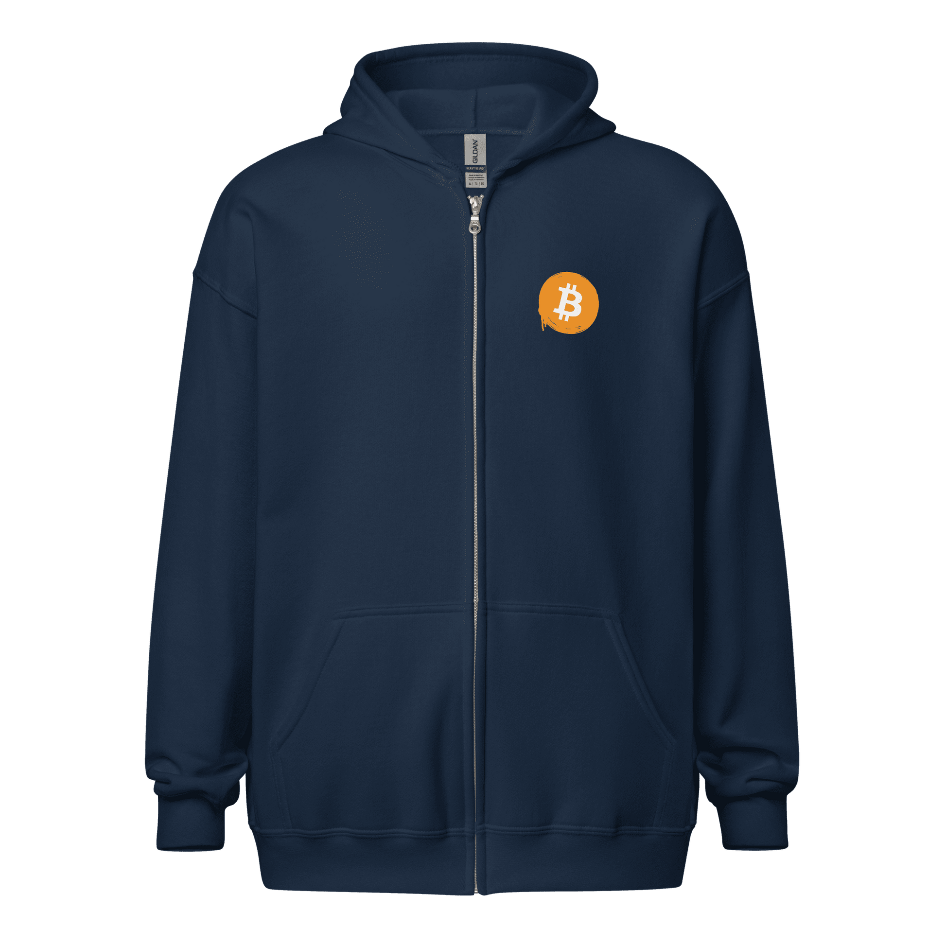 Front view of a navy colored bitcoin zip hoodie.