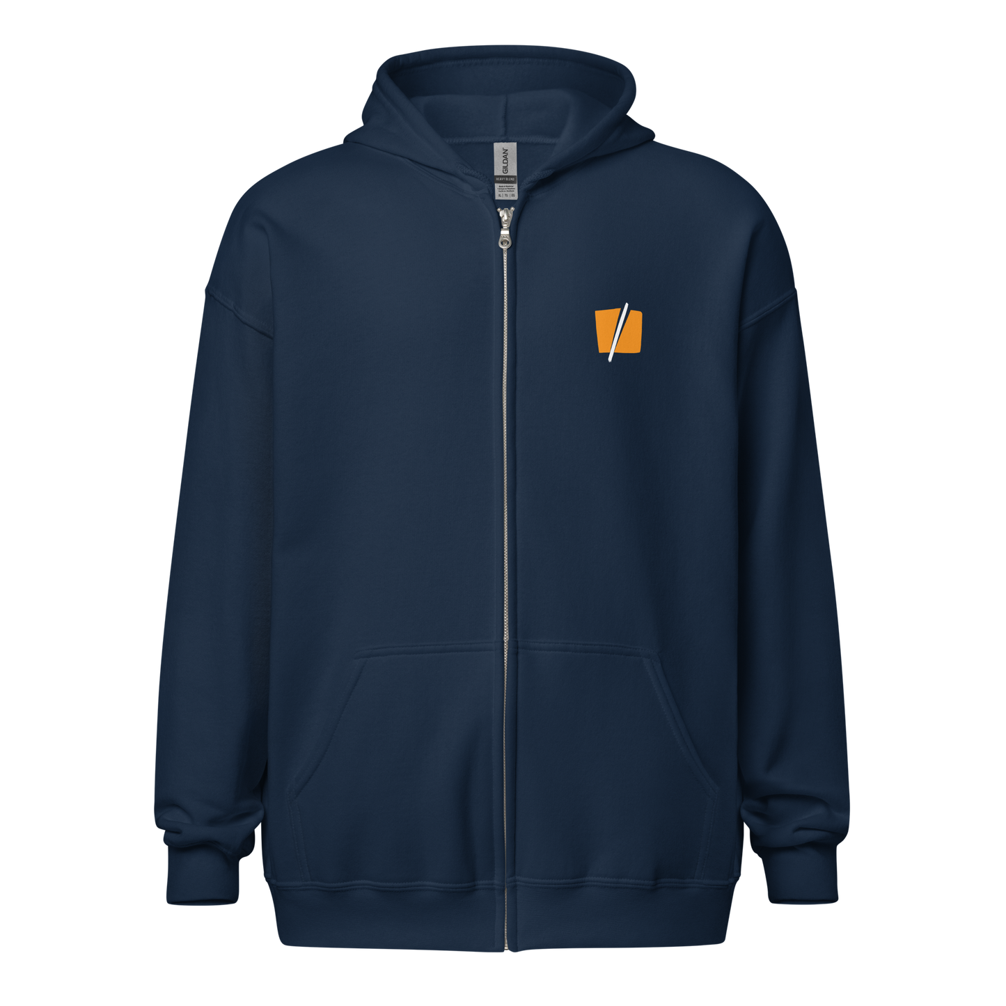 Front view of a navy colored bitcoin zip hoodie.