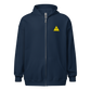 Front view of a navy colored bitcoin zip hoodie.