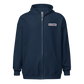 Front view of a navy blue aln zip hoodie.