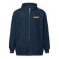 Front view of a navy blue aln zip hoodie.