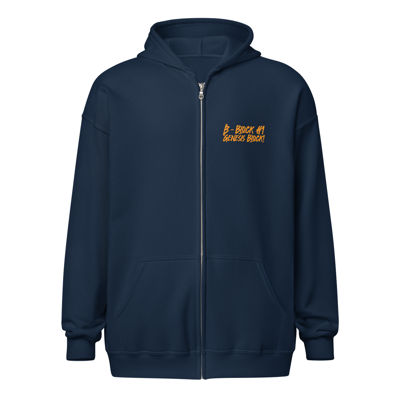 Front view of a navy colored bitcoin zip hoodie.