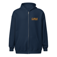 Front view of a navy colored bitcoin zip hoodie.