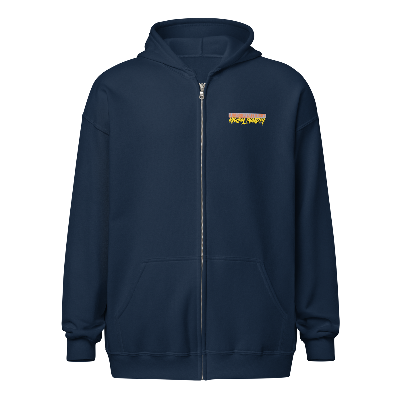 Michael Monday anarcho late night heavy blend zip hoodie in Navy, front view.