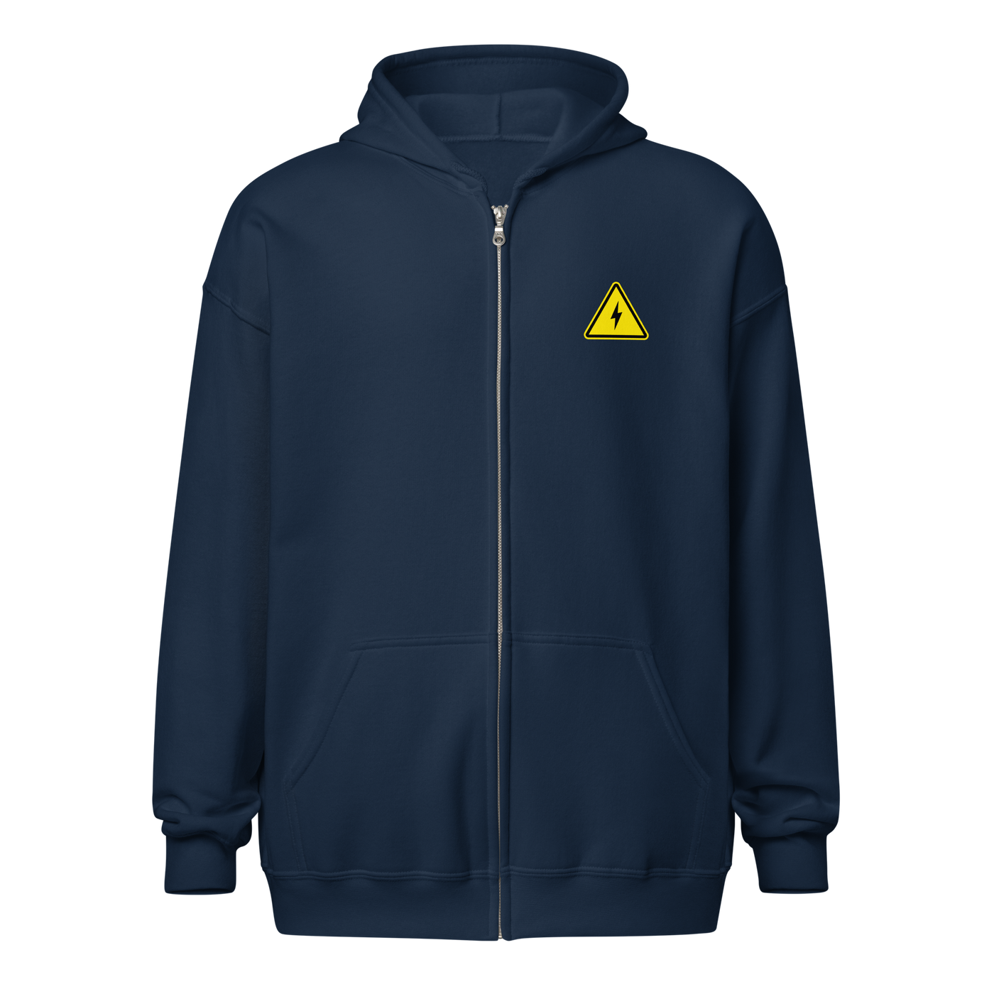 Danger! Fast Transactions heavy blend lightning zip hoodie in Navy, front view.