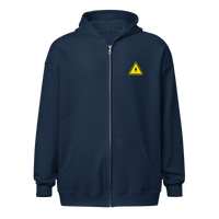 Danger! Fast Transactions heavy blend lightning zip hoodie in Navy, front view.