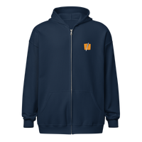 Halving heavy blend bitcoin zip hoodie in Navy, front view.