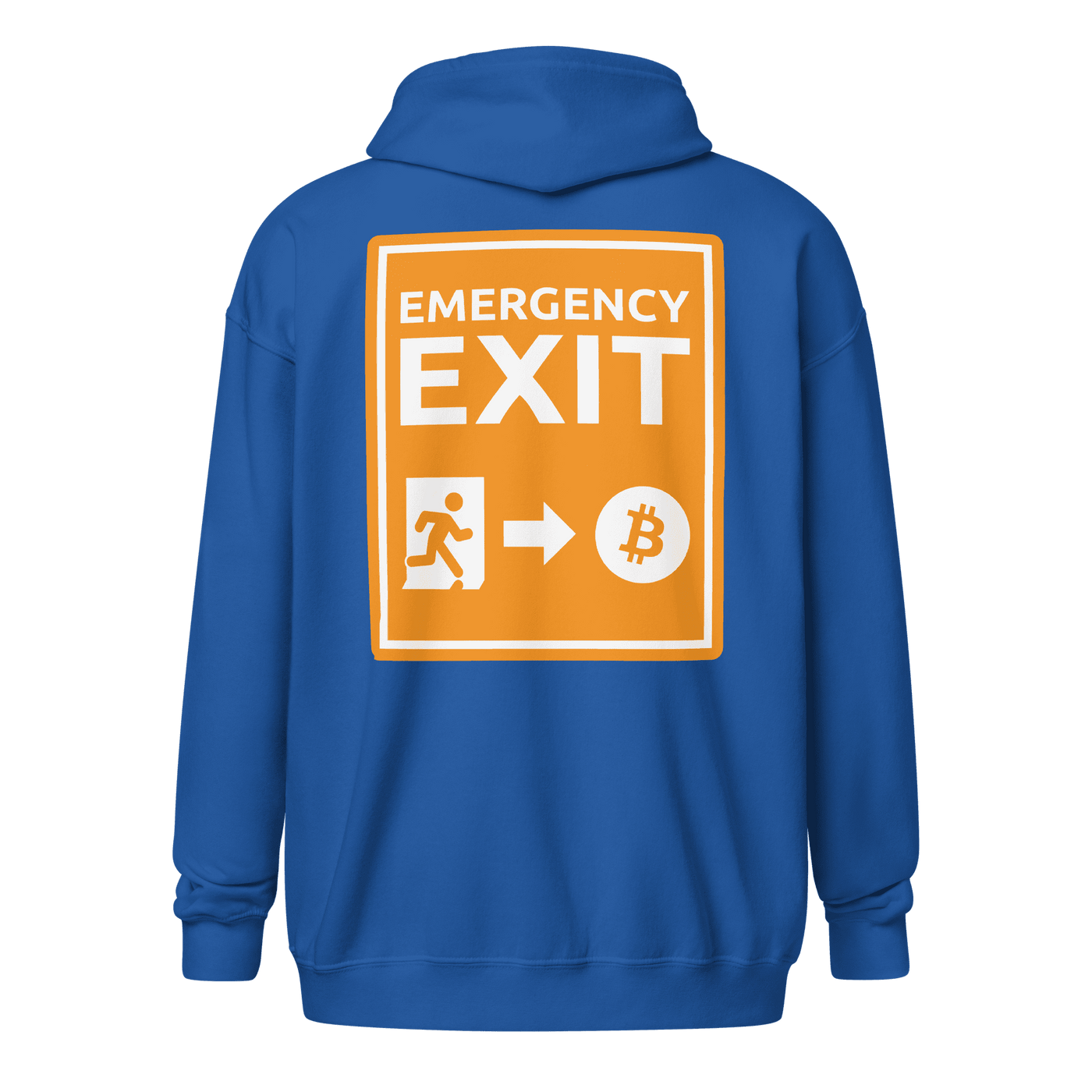 Emergency Exit heavy blend Bitcoin zip hoodie symbolizing a fairer future