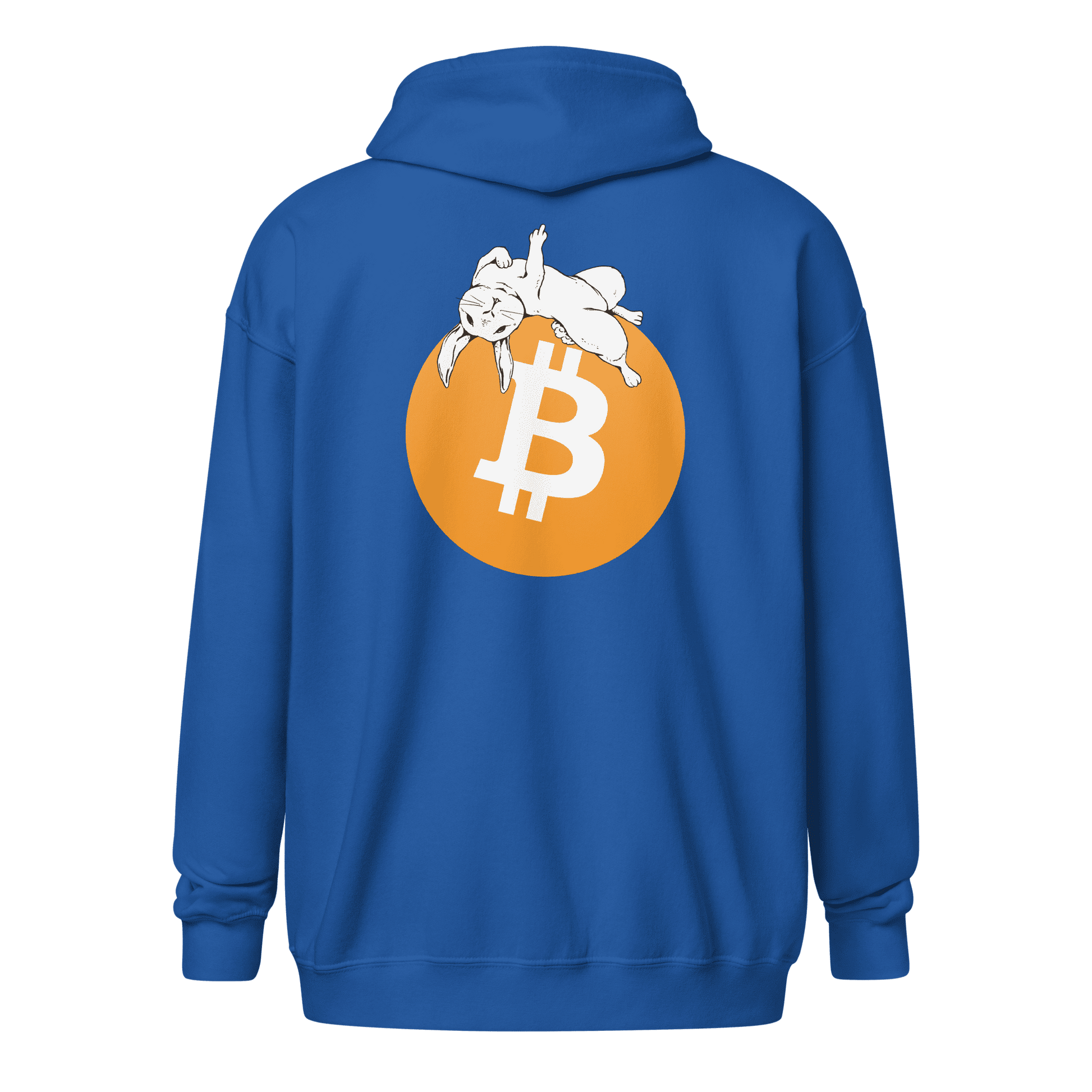 Back view of a royal blue bitcoin zip hoodie.