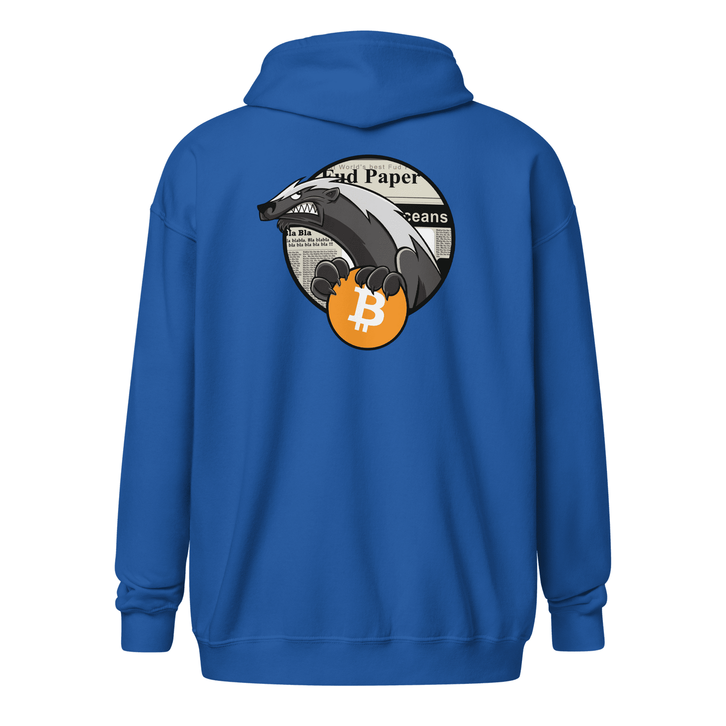 Back view of a royal blue bitcoin zip hoodie.