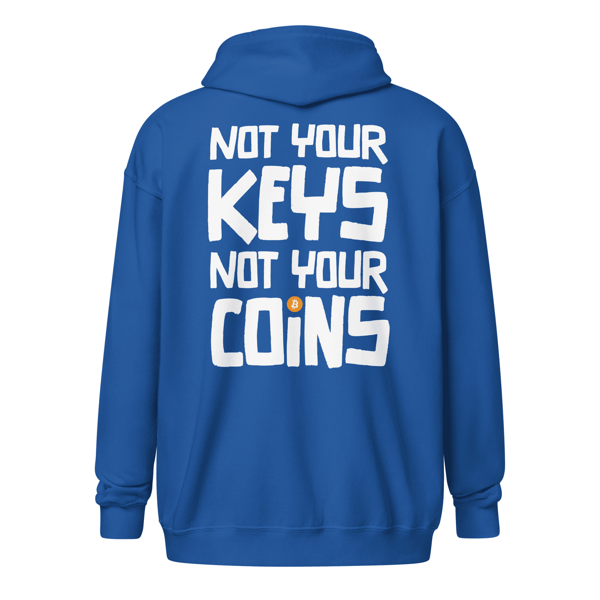 Back view of a royal blue bitcoin zip hoodie.