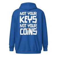 Back view of a royal blue bitcoin zip hoodie.