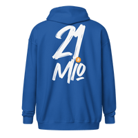 Back view of a royal blue bitcoin zip hoodie.