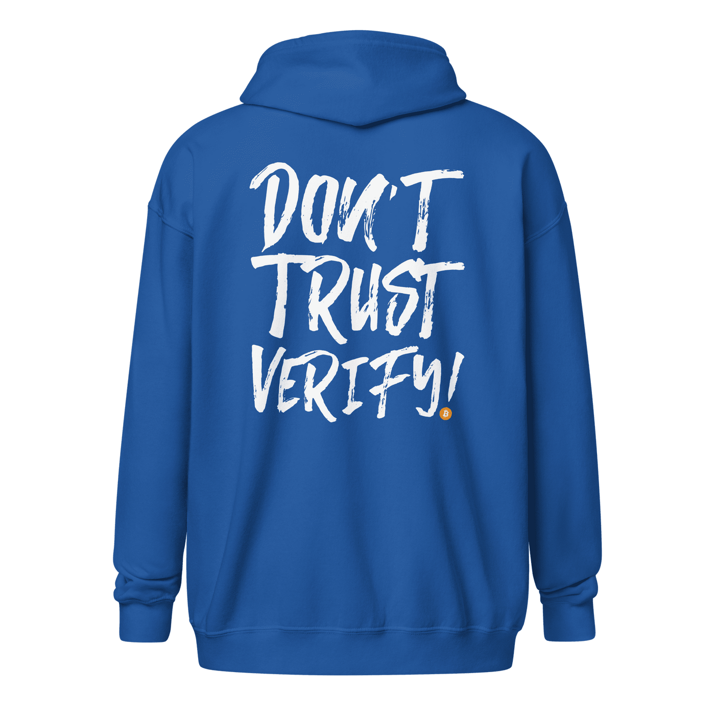 Black Bitcoin Zip Hoodie with "Don't Trust, Verify" slogan, unisex zip-up design for crypto enthusiasts
