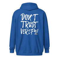 Black Bitcoin Zip Hoodie with "Don't Trust, Verify" slogan, unisex zip-up design for crypto enthusiasts