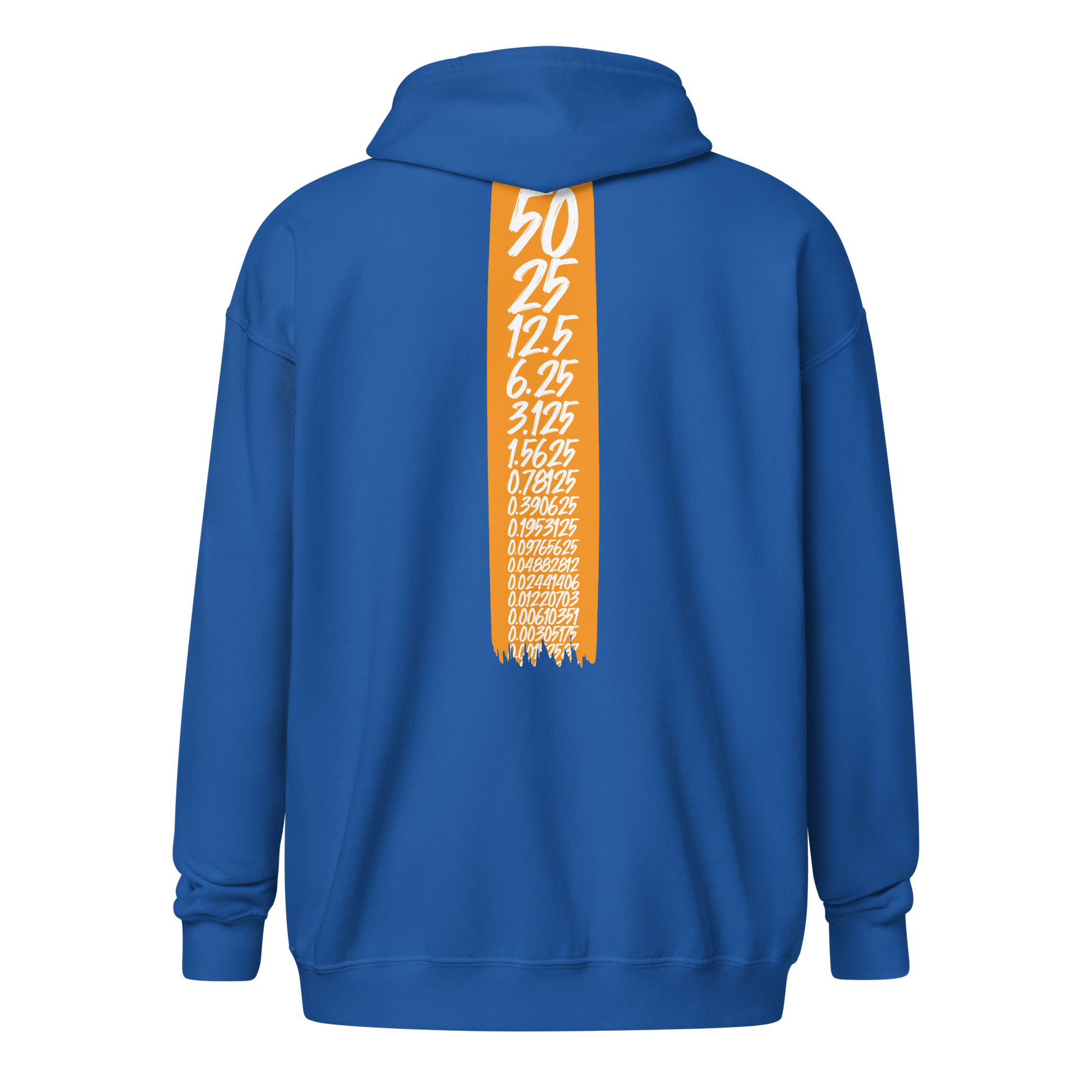 Back view of a royal blue bitcoin zip hoodie.