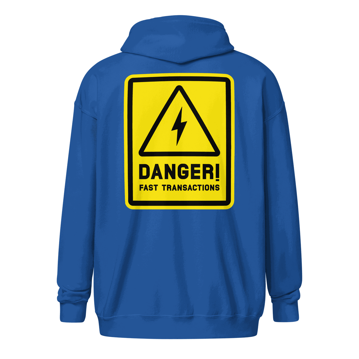Lightning Zip Hoodie with Danger Fast Transactions print, unisex zip-up design for Bitcoin enthusiasts