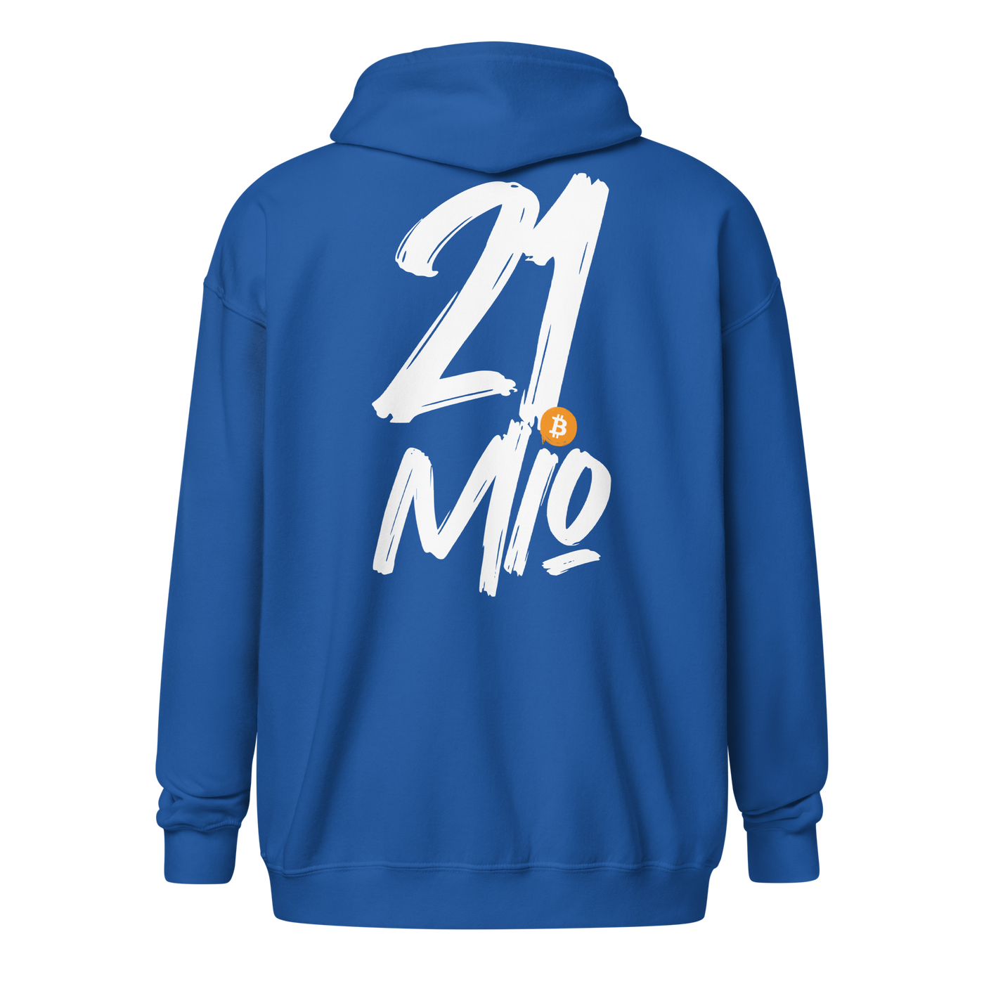 Back view of a royal blue bitcoin zip hoodie.