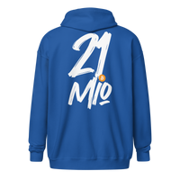 Back view of a royal blue bitcoin zip hoodie.