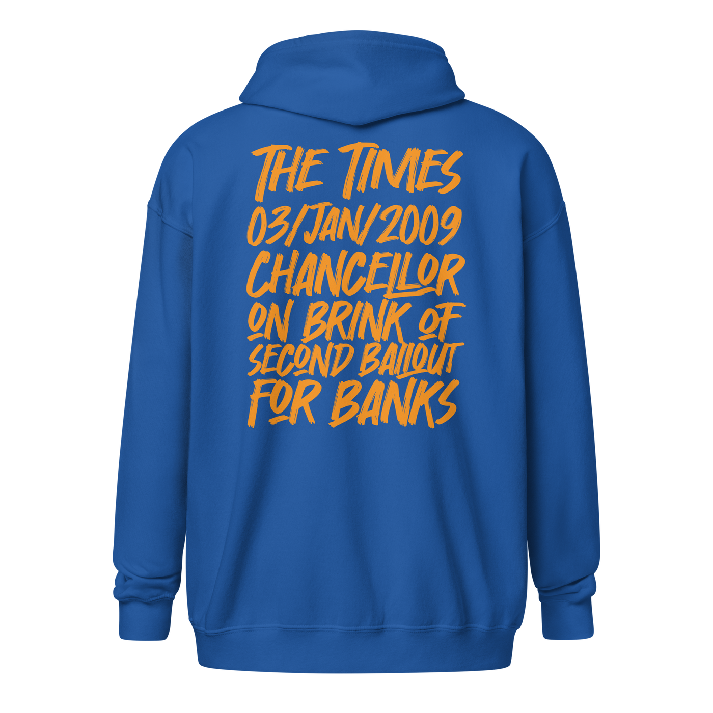 Back view of a royal blue bitcoin zip hoodie.