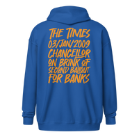Back view of a royal blue bitcoin zip hoodie.