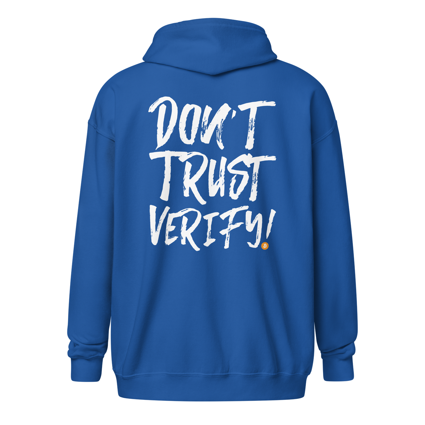 Black Bitcoin Zip Hoodie with "Don't Trust, Verify" slogan, unisex zip-up design for crypto enthusiasts