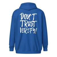 Black Bitcoin Zip Hoodie with "Don't Trust, Verify" slogan, unisex zip-up design for crypto enthusiasts
