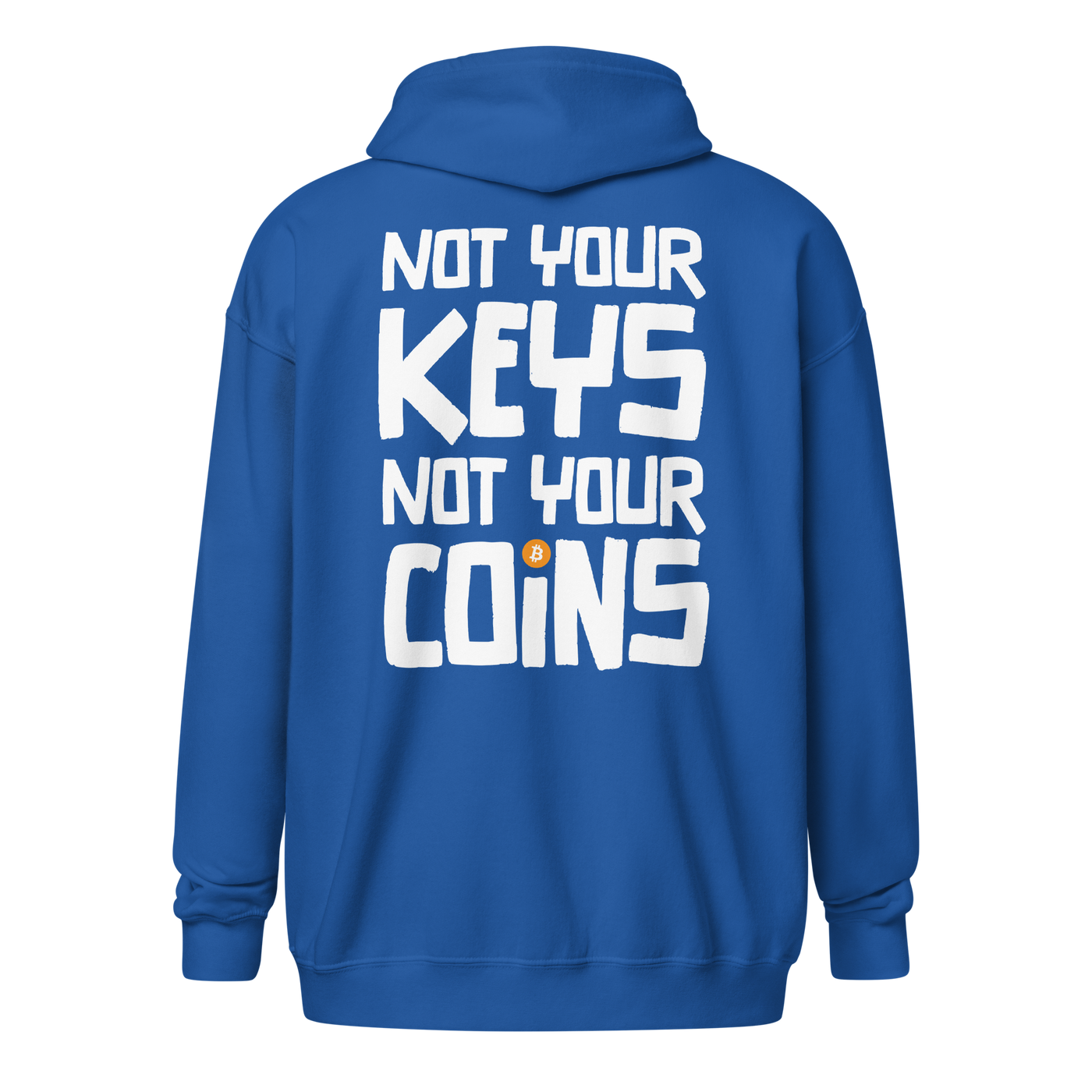 Back view of a royal blue bitcoin zip hoodie.