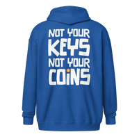 Back view of a royal blue bitcoin zip hoodie.