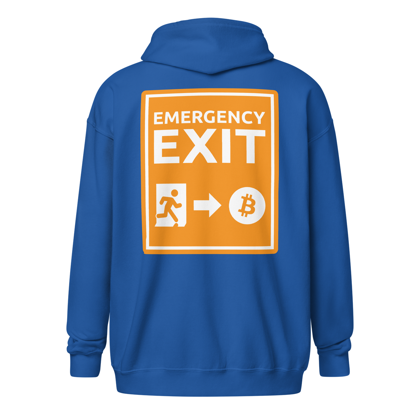 Emergency Exit heavy blend Bitcoin zip hoodie symbolizing a fairer future