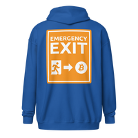 Emergency Exit heavy blend Bitcoin zip hoodie symbolizing a fairer future