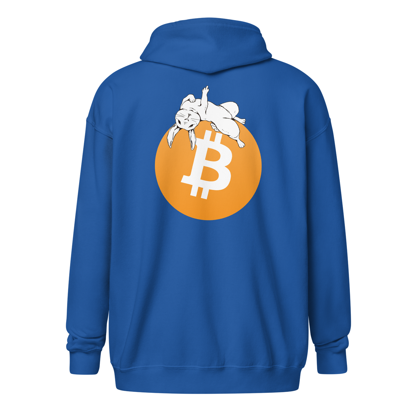 Back view of a royal blue bitcoin zip hoodie.