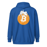 Back view of a royal blue bitcoin zip hoodie.