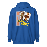 Michael Monday anarcho late night heavy blend zip hoodie in Royal, back view.