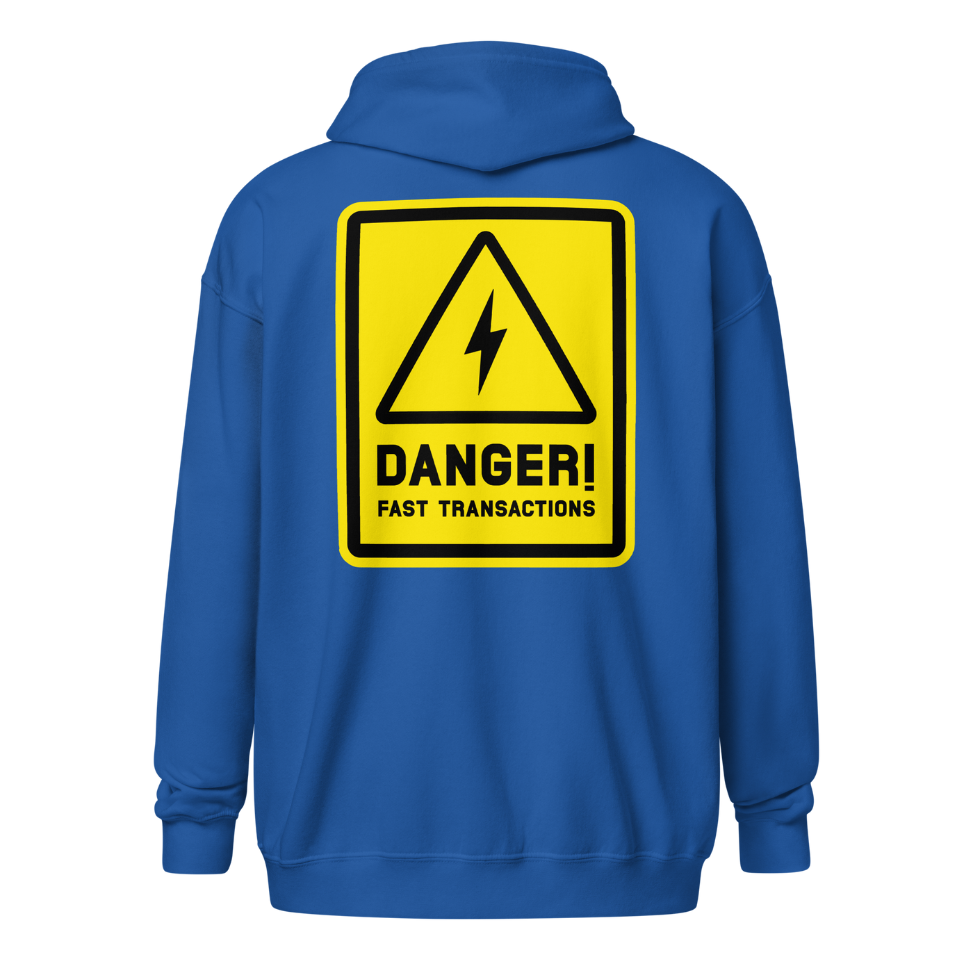 Danger! Fast Transactions heavy blend lightning zip hoodie in Royal, back view.