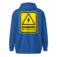 Danger! Fast Transactions heavy blend lightning zip hoodie in Royal, back view.