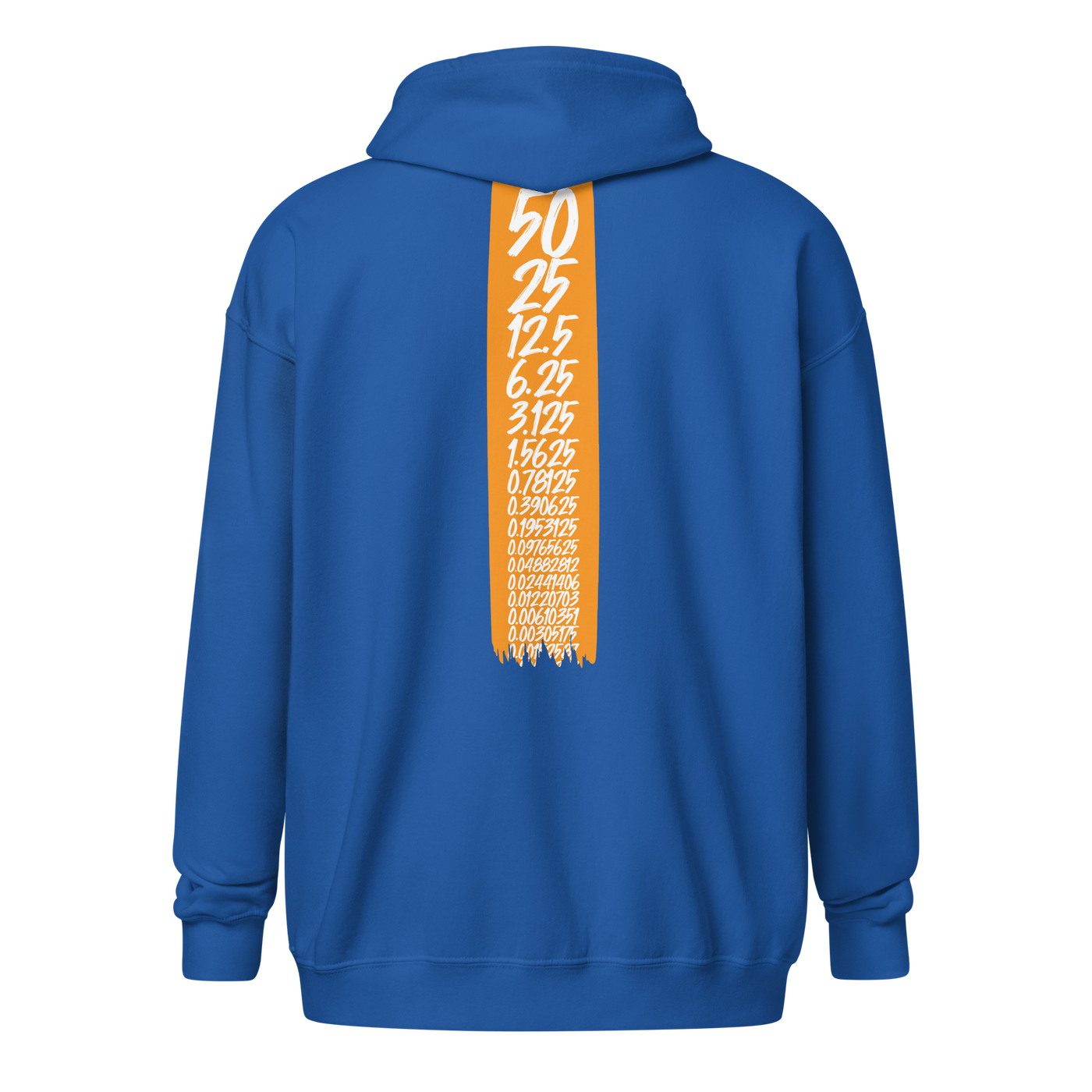 Halving heavy blend bitcoin zip hoodie in Royal, back view.