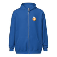 Front view of a royal blue bitcoin zip hoodie.