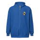 Front view of a royal blue bitcoin zip hoodie.