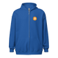 Front view of a royal blue bitcoin zip hoodie.