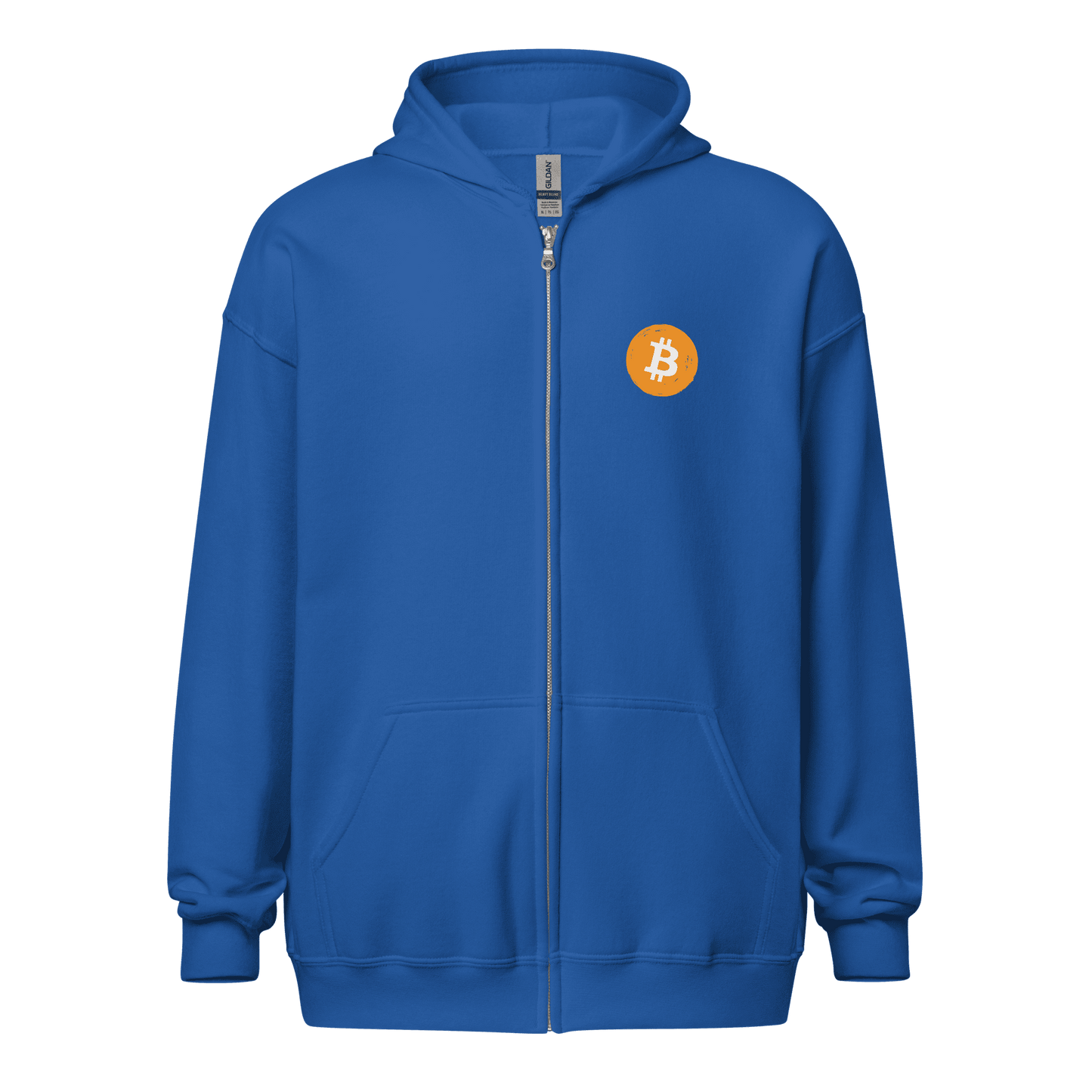 Front view of a royal blue bitcoin zip hoodie.