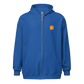 Front view of a royal blue bitcoin zip hoodie.