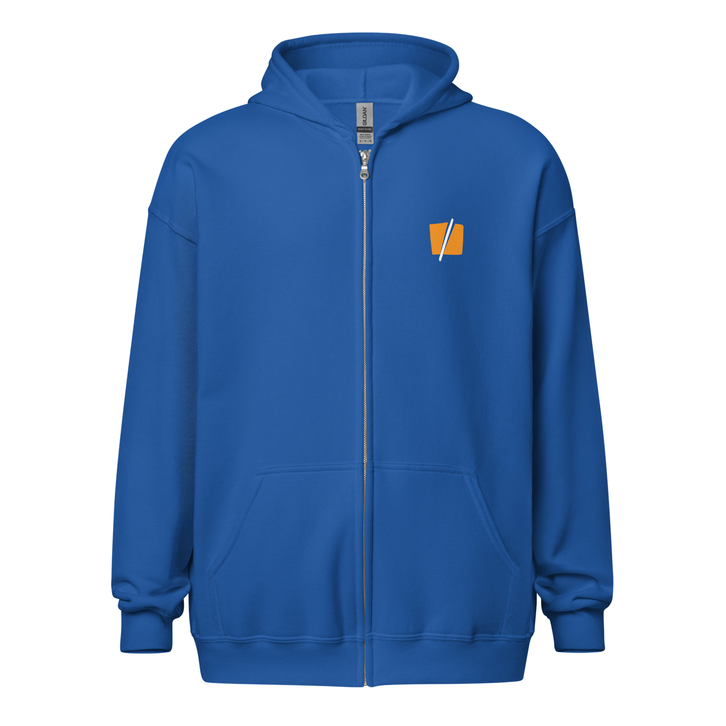 Front view of a royal blue bitcoin zip hoodie.